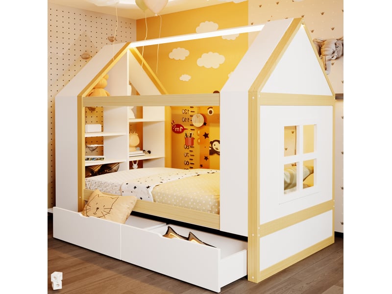  Lit maison enfant modenvie 90 x 200 cm avec led et rangements, blanc et naturel, bois  - Conforama E