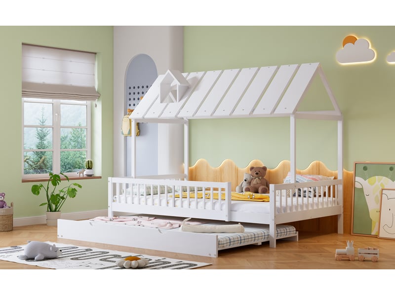  Lit gigogne 120x200 cm - lit gigogne cabane enfant avec tiroirs et rangement, toit cheminée et protection anti-chute, mdf blanc - sans matelas  - Conforama B