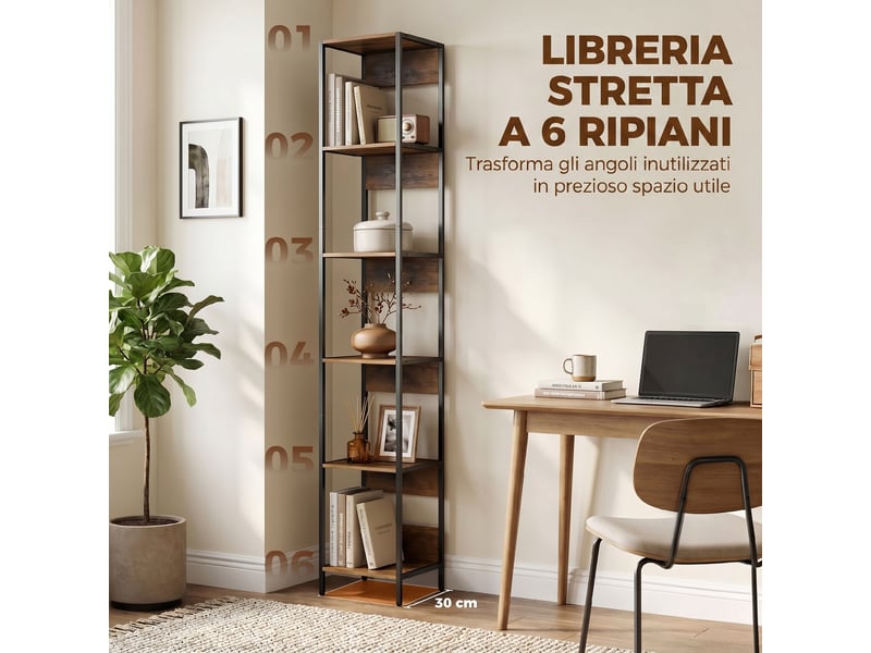 Bibliothèque verticale gain de place, 6 étagères, 29,5 x 30 x 185 cm, marron - Conforama D