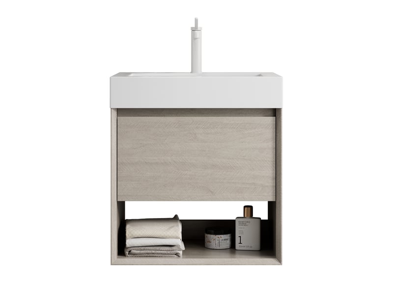 Meuble sous vasque suspendu avec 1 tiroir et 1 espace ouvert, vasque en résine, salle de bain, chêne clair et blanc - Conforama A
