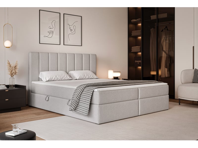  Lit coffre leo - 160x200 cm - avec matelas et surmatelas - tissu tissé chiné - gris LEO - Conforama B