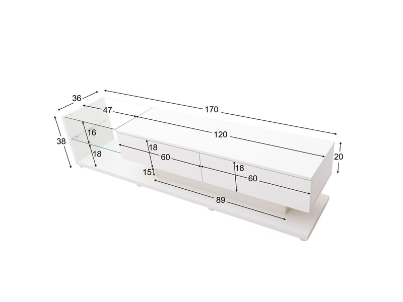  Meuble tv modenvie blanc brillant 170 x 36 x 38 cm 2 tiroirs étagères en verre led multicolore  - Conforama C