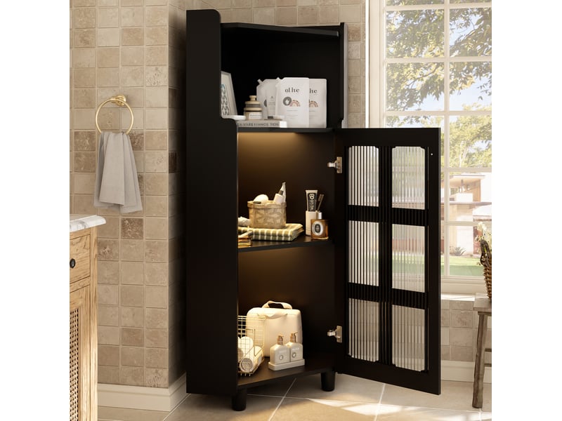  Meuble d'angle led avec niche ouverte et vitrine à 2 portes, contrôlé par application, pour salon, noir, 63,5 × 124 cm  - Conforama D