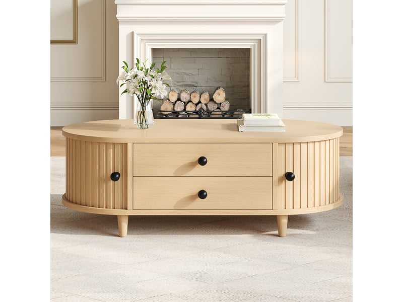  Table basse bois clair avec portes coulissantes, table de salon avec 2 tiroirs et pieds en bois massif, 100x50x36 cm  - Conforama E