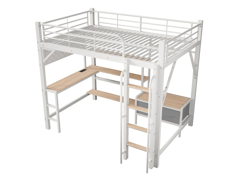 Lit enfant 140 x 200 cm structure en hauteur cadre en métal panneau perforé étagères multiples tiroirs en tissu bureau port usb barrière de sécurité barre de suspension éclairage led blanc - Conforama A