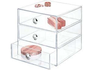 Drawers organisateur maquillage, boite de rangement en plastique pour cosmétiques, maquillage, etc., boite tiroir à 3 tiroirs, transparent
