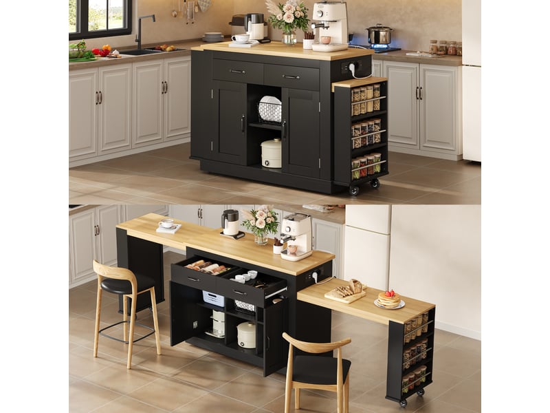 Îlot de cuisine extensible avec double plan de travail, chariot de cuisine mobile sur roulettes, 142-340cm, noir  - Conforama W