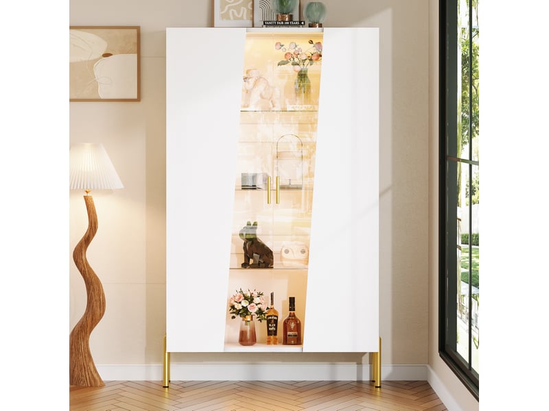  Vitrine led avec porte vitrée asymétrique, 3 étagères en verre, pieds métal, pour salon et salle à manger, blanc  - Conforama C