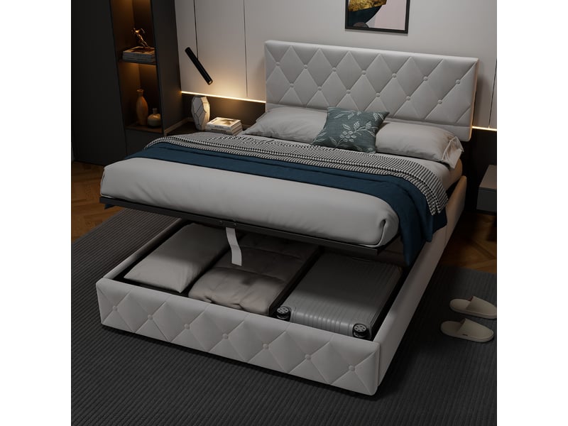 Lit coffre 140x200 cm avec sommier et tête de lit, velours, beige - Conforama D