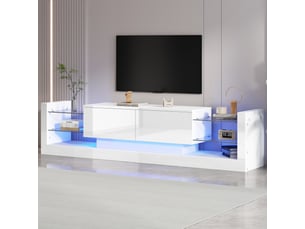 Meuble tv blanc laqué led 181 cm - pour tv jusqu'à 80 pouces - façade verre et 2 tiroirs