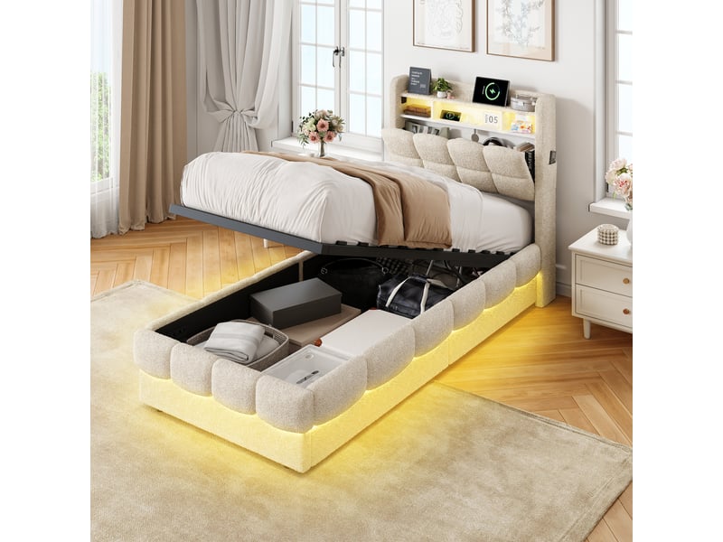  Lit simple coffre à gaz 90 x 200 cm en tissu bouclette beige - tête de lit avec étagère et éclairage led  - Conforama C