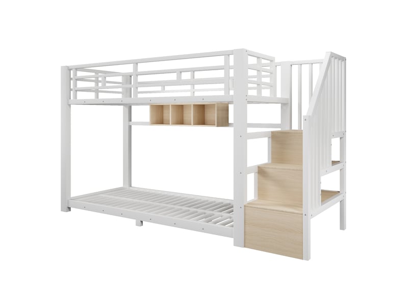 Lit superposé 90 × 200 cm, métal et mdf, led avec application, escalier, 3 niches et barrières, sans matelas, blanc - Conforama A