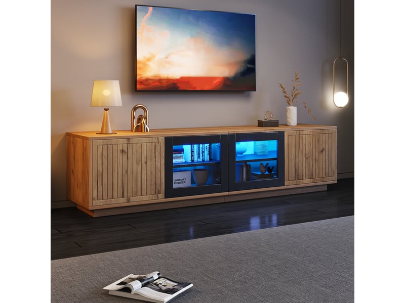  Meuble tv 180 cm pour écran jusqu'à 75 pouces avec led, bois naturel et noir  - Conforama E