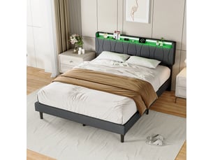 Lit adulte 2 places 140x200 cm avec tête de lit, lit double, led, rangement sous le lit, ports usb et type-c, lin gris