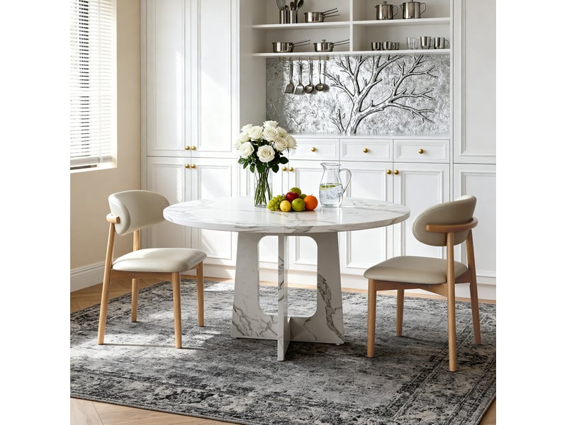  Ensemble table et chaises avec 1 table ronde et 2 chaises, assise rembourrée, en mdf blanc  - Conforama C