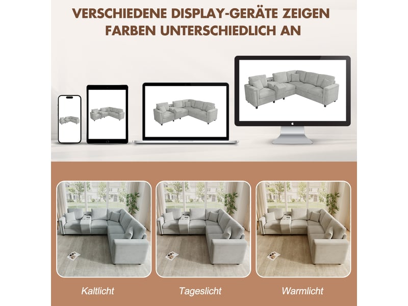  Canapé d'angle 5 places avec rangement, porte-gobelets, usb-c et liseuse, en chenille gris clair 235 × 208 × 83 cm  - Conforama E
