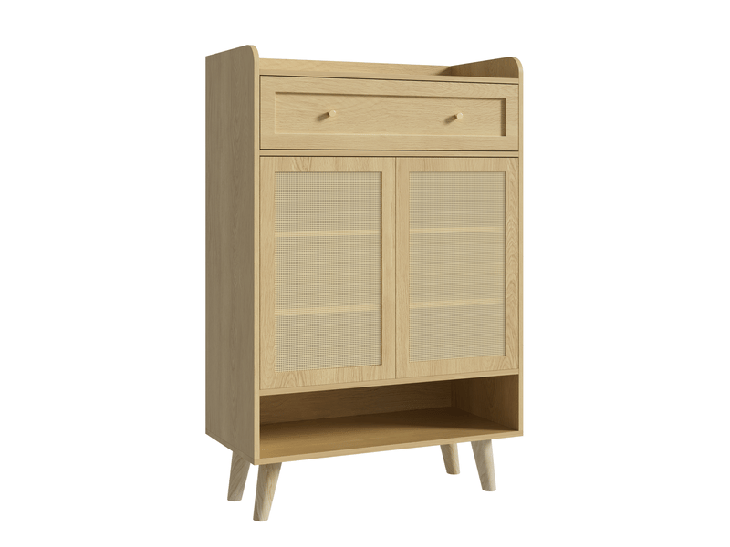  Meuble à chaussures avec 2 portes en rotin, 4 étagères et 1 tiroir, chêne clair, 80 x 105 x 35 cm  - Conforama A