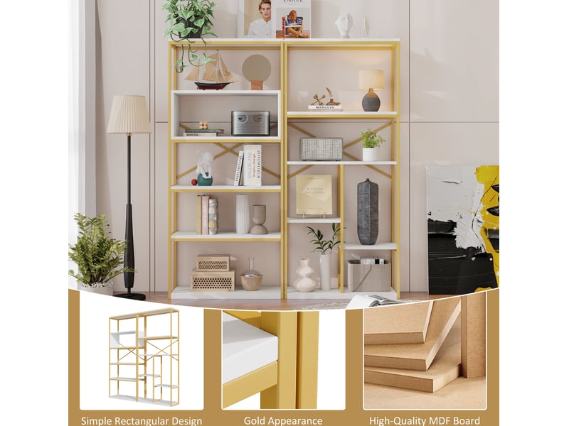  Bibliothèque 160 x 29,5 x 180 cm – blanc et doré – rangement ouvert, renfort arrière croisé  - Conforama E