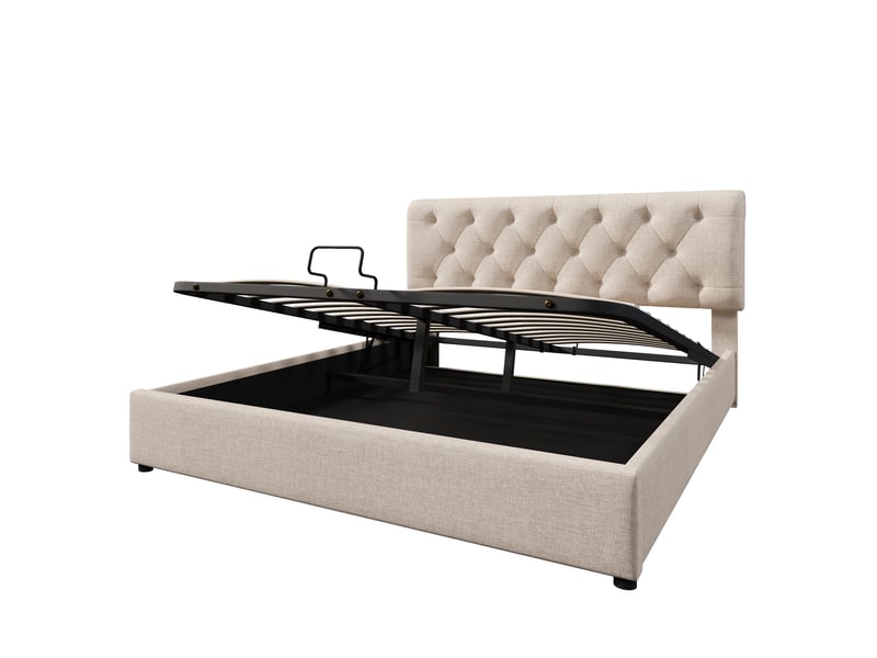  Lit double capitonné avec coffre de rangement et tête de lit réglable 160x200 cm lin naturel  - Conforama A
