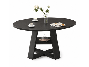 Table à manger extensible ronde ø110 à 150x110 cm avec rangement intégré, étagère et plateau en mdf effet bois noir, pour 4 à 6 personnes