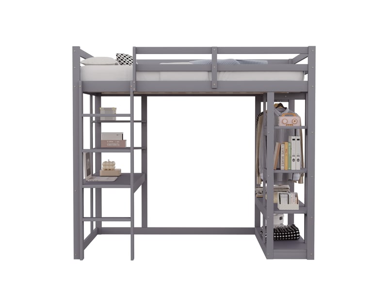  Lit mezzanine 140x200 cm avec bureau et étagère, lit enfant avec étagère de rangement, gris, lit double en bois massif  - Conforama A