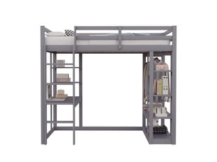 Lit mezzanine 140x200 cm avec bureau et étagère, lit enfant avec étagère de rangement, gris, lit double en bois massif