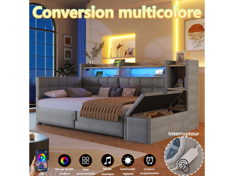  Canapé-lit 90x200 cm, lit enfant, couchage d'appoint, rangement hydraulique, led, velours gris foncé, usb et usb-c  - Conforama R