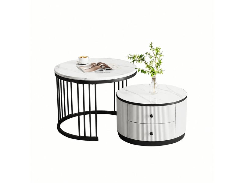 Ensemble de deux tables basses gigognes rondes, effet marbre brillant, 2 tiroirs, blanc et noir - Conforama A