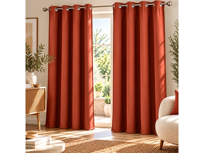  Lot de 2 rideaux à œillets grande hauteur 135 x 280 cm occultants unis occult terracotta  - Conforama A