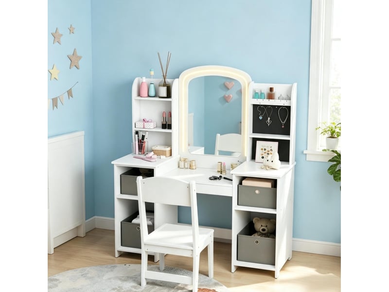  Coiffeuse enfant tcqpz avec miroir led et tabouret 104 x 40 x 112 cm mdf blanc  - Conforama E