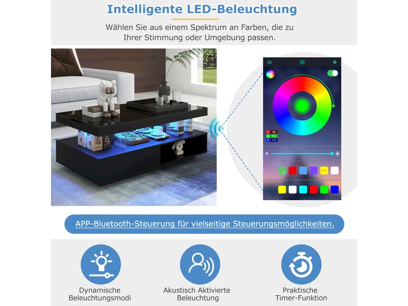 Table basse avec éclairage led 95x50x42,5 cm panneau de particules et verre table basse noire brillante - Conforama D