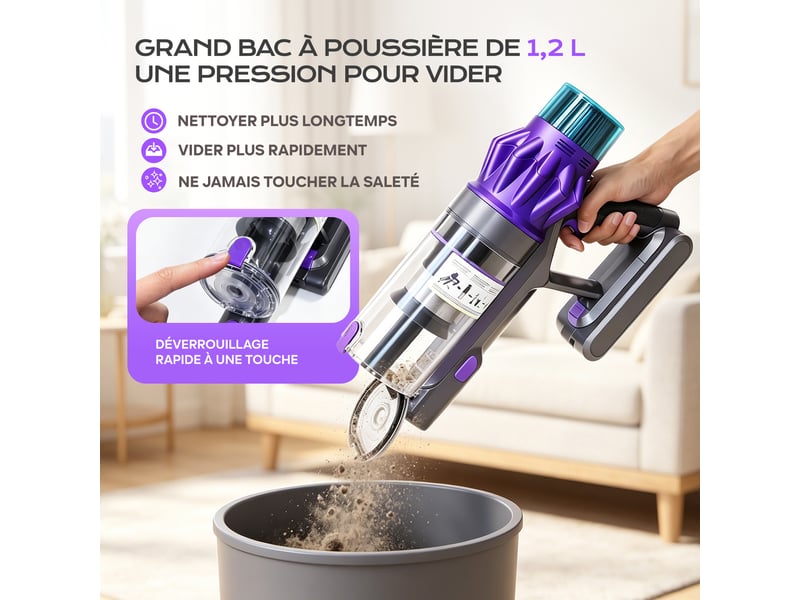  V16f aspirateur balai sans fil – 500w 75 kpa, tube pliable pour sous les lits, écran tactile, mode auto, hepa à 6 étages, 60 min, bleu V16F - Conforama W