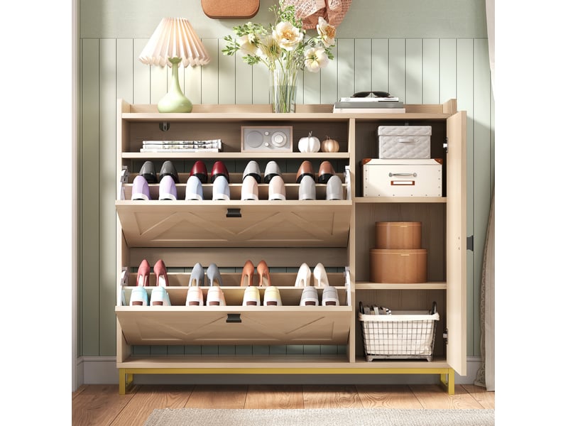  Meuble à chaussures 110x24x100 cm, armoire à chaussures, meuble d'entrée, placard latéral, meuble salon, mdf, naturel  - Conforama D