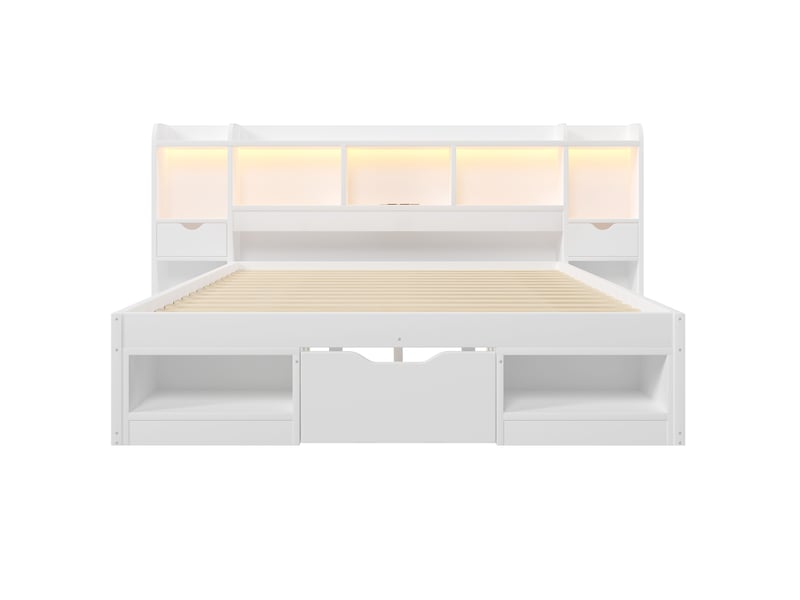  Lit 2 places 140x200 cm – blanc – tête et pied de lit avec rangements, 3 tiroirs, led et usb – sans matelas  - Conforama D
