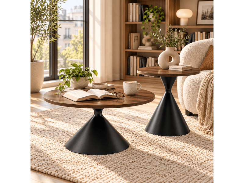  Tables basses gigognes empilables en mélaminé et métal pour salon ø70 cm et ø50 cm noyer noir  - Conforama B