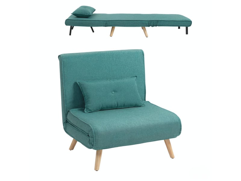  Fauteuil convertible clic-clac 1 place vert en tissu, dossier réglable 5 positions avec coussin, lit d'appoint  - Conforama A