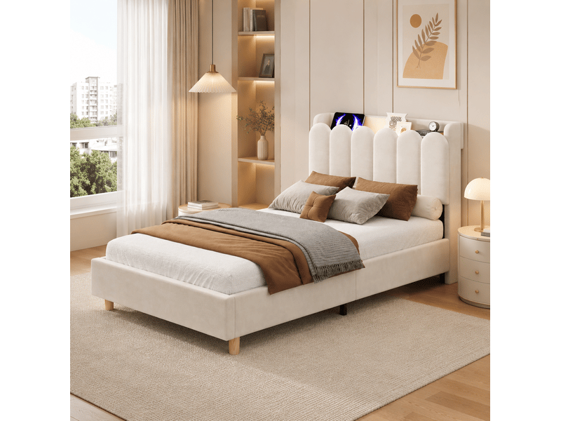  Lit enfant 90 × 200 cm 1 place avec étagères, usb, type-c et veilleuse, sans matelas, en velours beige  - Conforama C