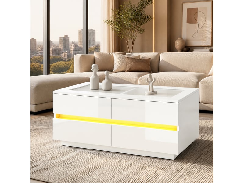  Table basse 100x50x40 cm en panneaux de particules et verre trempé avec 4 tiroirs et éclairage led blanc chicfurn  - Conforama C