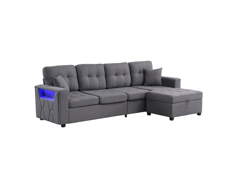 Canapé d'angle modulaire modenvie 4 places avec pouf coffre, rangements, led et prises usb type-c, tissu gris antique 253 x 144,5 x 80,7 cm - Conforama A