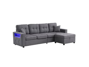 Canapé d'angle modulaire modenvie 4 places avec pouf coffre, rangements, led et prises usb type-c, tissu gris antique 253 x 144,5 x 80,7 cm