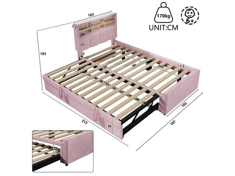 Lit pour enfant 90 x 200 cm – avec lit gigogne – avec port usb-c – velours – rose (matelas non inclus) - Conforama C