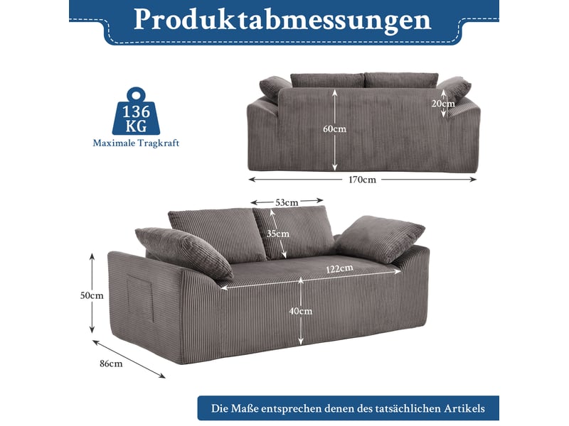  Canapé droit compact 170x86x60 cm 2 places avec accoudoirs incurvés des deux côtés, 2 coussins, tissu marron et gris  - Conforama C