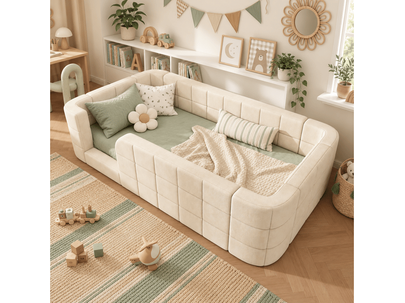  Lit enfant 90 × 200 cm avec barrière de protection rembourrée et sommier à lattes, en chenille beige, pour chambre  - Conforama E