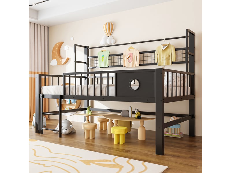  Lit mezzanine bas enfant - 90x200 cm - noir - cadre en métal - hauts garde-corps - espace de rangement 204x95x125.5cm - Conforama A