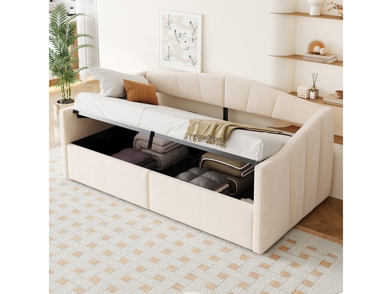  Lit banquette 90 x 200 cm beige en velours rayé avec coffre hydraulique, accoudoirs, dossier rembourré, sommier à lattes, gain de place  - Conforama C