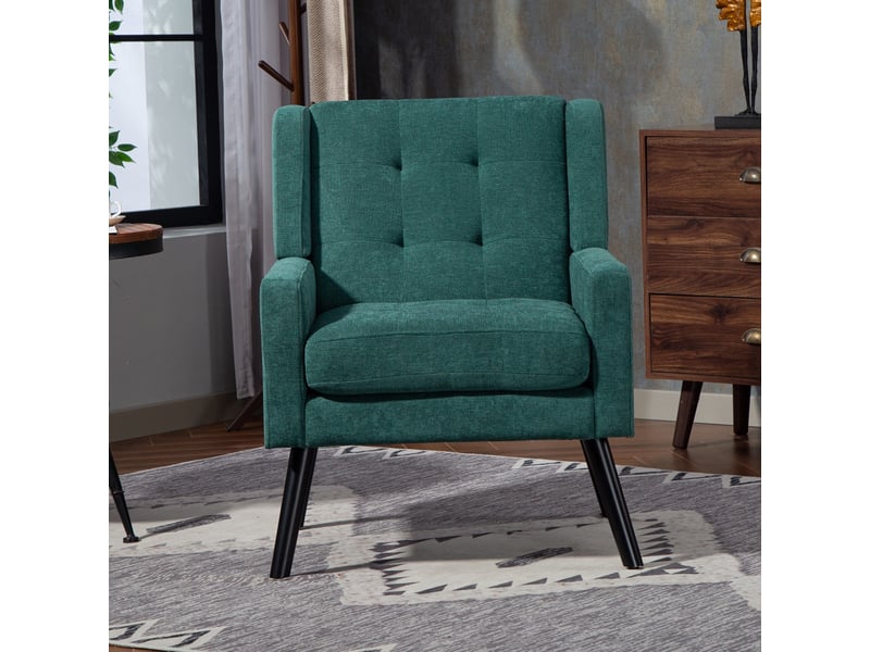  Fauteuil d'accent  68x76x88cm – style mid-century modern - avec assise rembourrée capitonnée et pieds en bois massif – lin - vert  - Conforama D