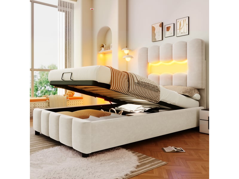  Lit rembourré 90 x 200 cm sans matelas, éclairage led, coffre hydraulique, tête réglable, velours beige  - Conforama D