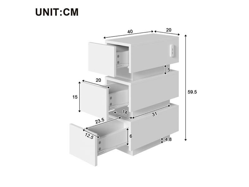  Lot de 2 tables de chevet - 40 x 20 x 59,5 cm - tables de chevet étroites avec éclairage led et ports usbtype-c - blanc  - Conforama E