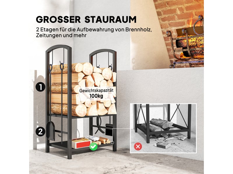  Porte-bûches en acier noir à 2 niveaux avec serviteur 4 pièces, charge 100 kg  - Conforama R