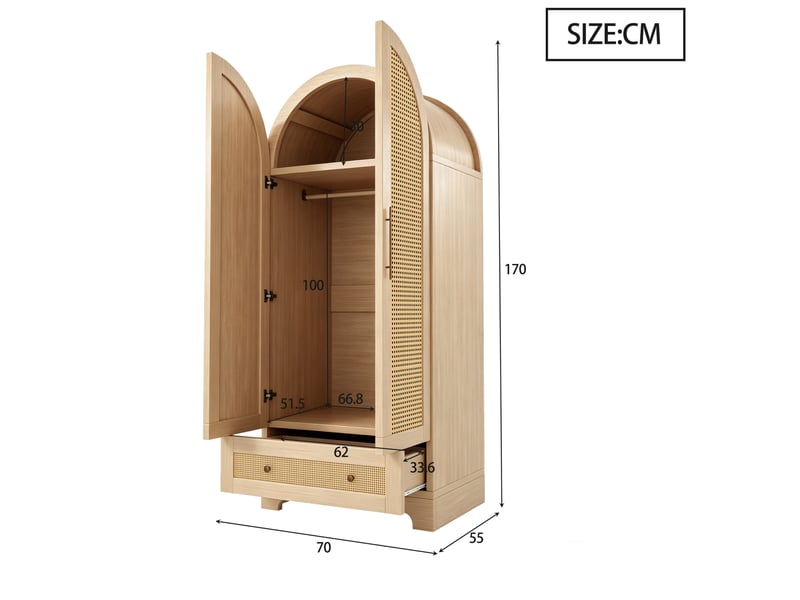  Armoire 70x55x170 cm 2 portes et tiroir, grand compartiment de rangement en bois et mdf , couleur bois  - Conforama C